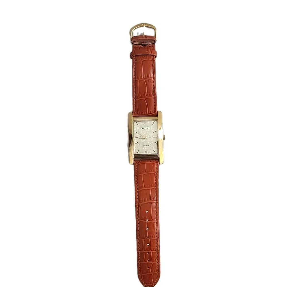 Stauer Castille Watch 26694 Stainless Steel Caseback Genuine Leather Band